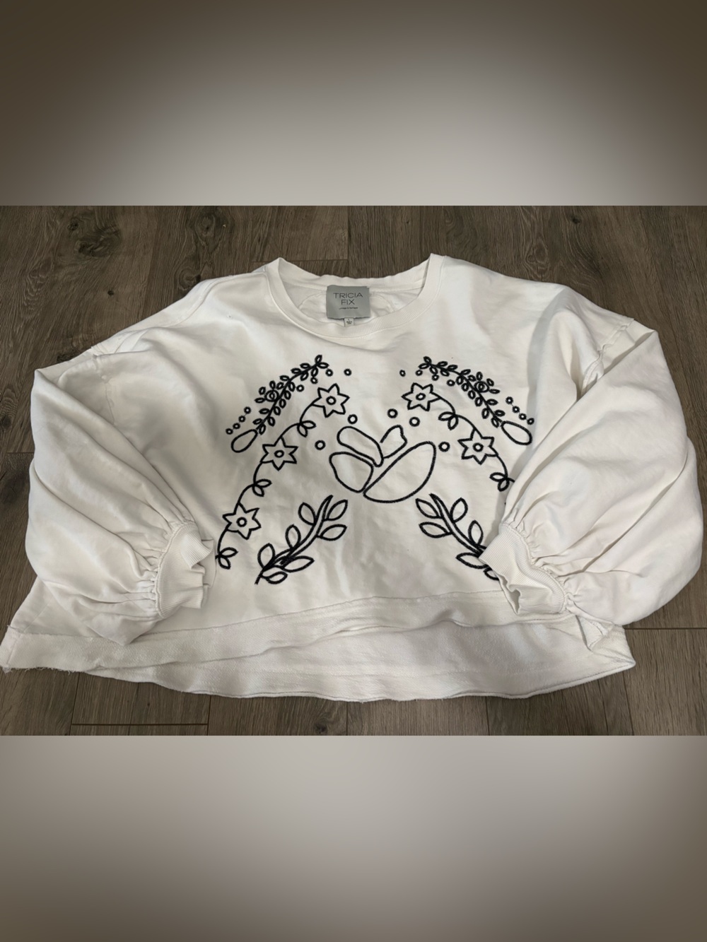 Tricia Fix White Sweatshirt with Black Floral Embroidery